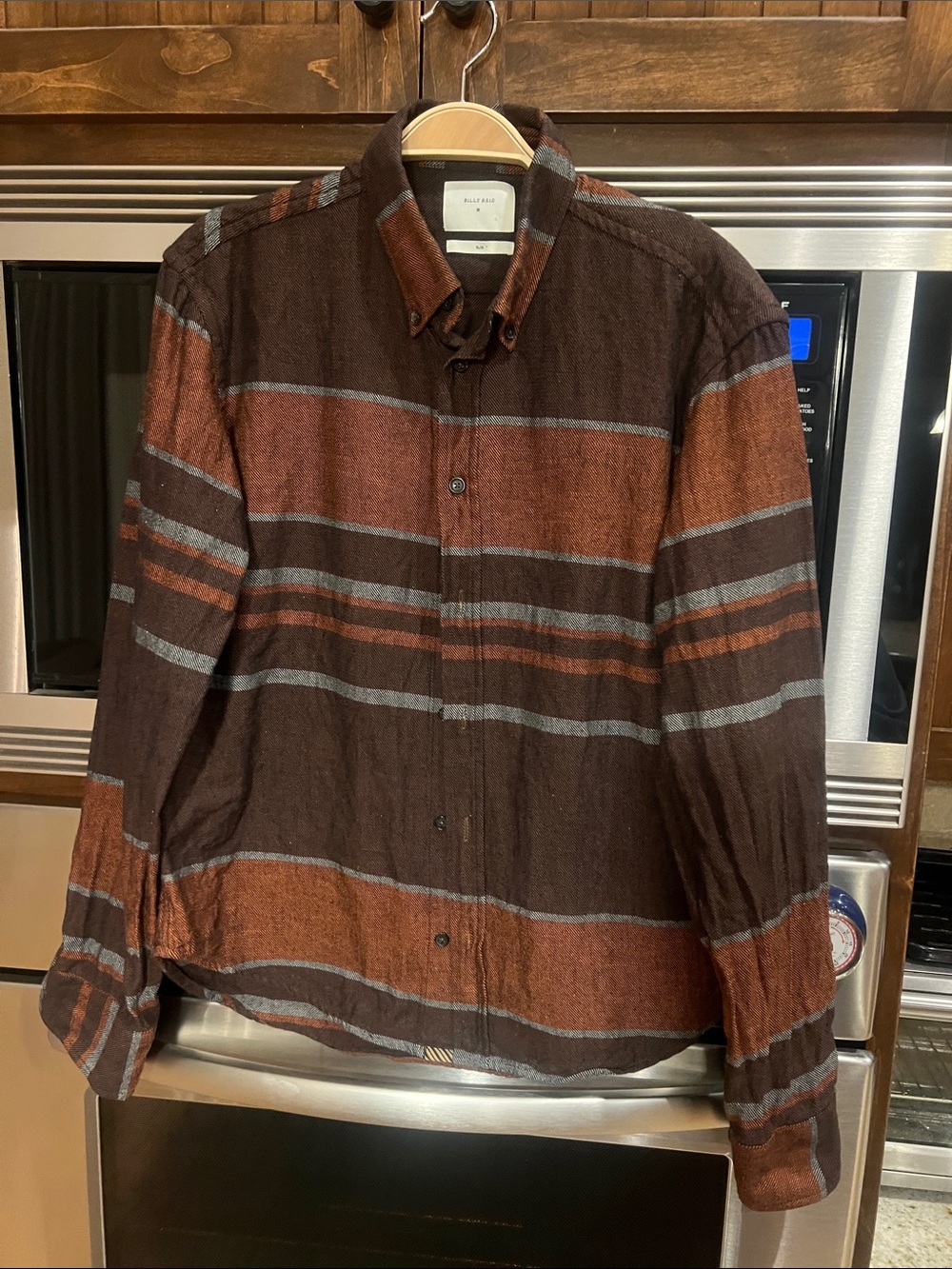BILLY REID MENS SLIM BROWN/BURNT ORANGE BUTTON DOWN PLAID COTTON SHIRT SIZE MED